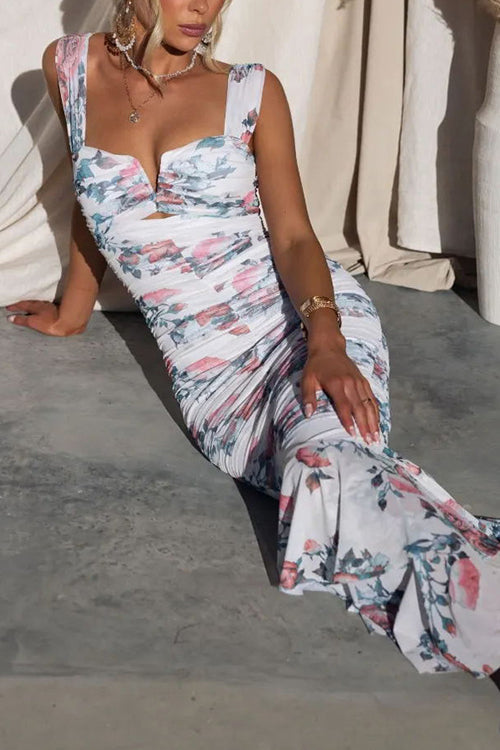 Square Neck Keyhole Cutout Ruched Floral Mermaid Flounce Hem Midi Dress