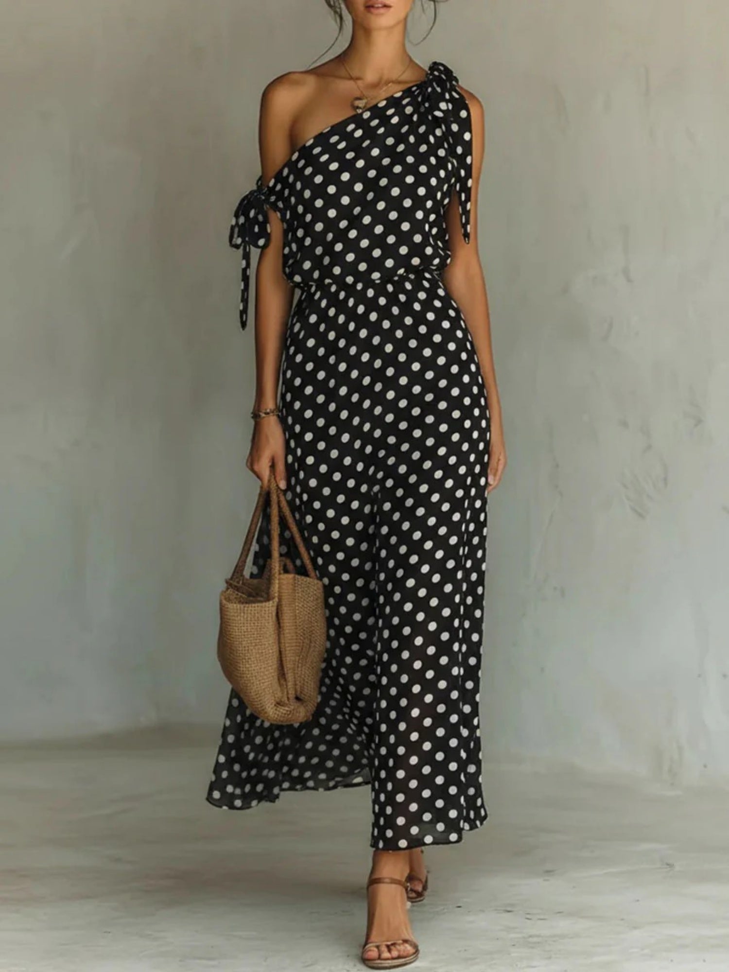 Polka Dots Sloping Shoulders Straps Maxi Dresses