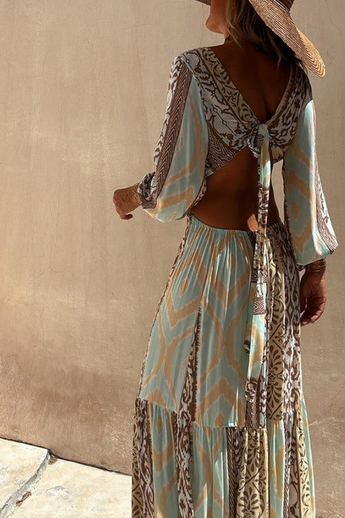 Patchwork Ikat Print V-Neck Wrap Tiered Ruffle Mini Dress