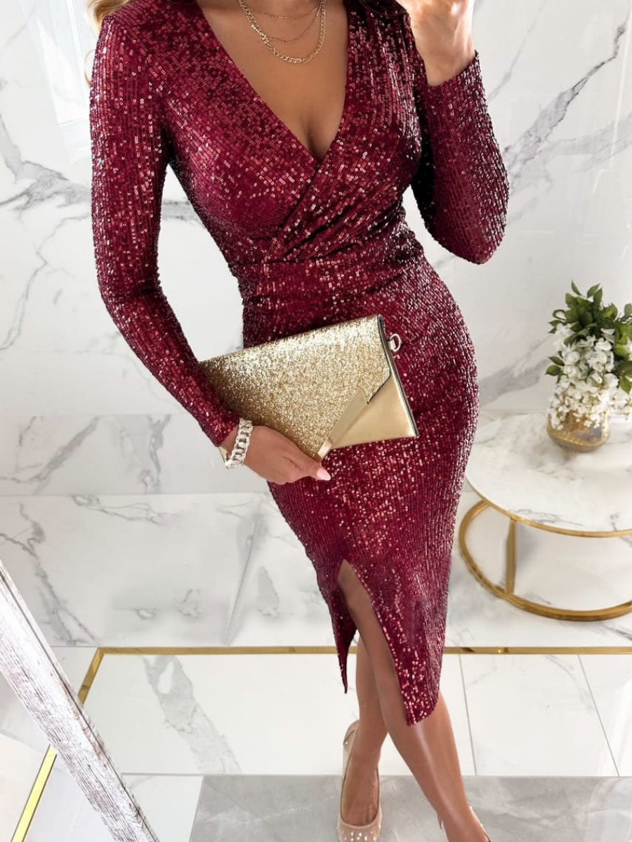 Sequins Fine Flash V-neck Hip-hugging Tight Fit Slit Parties Midi Dresses