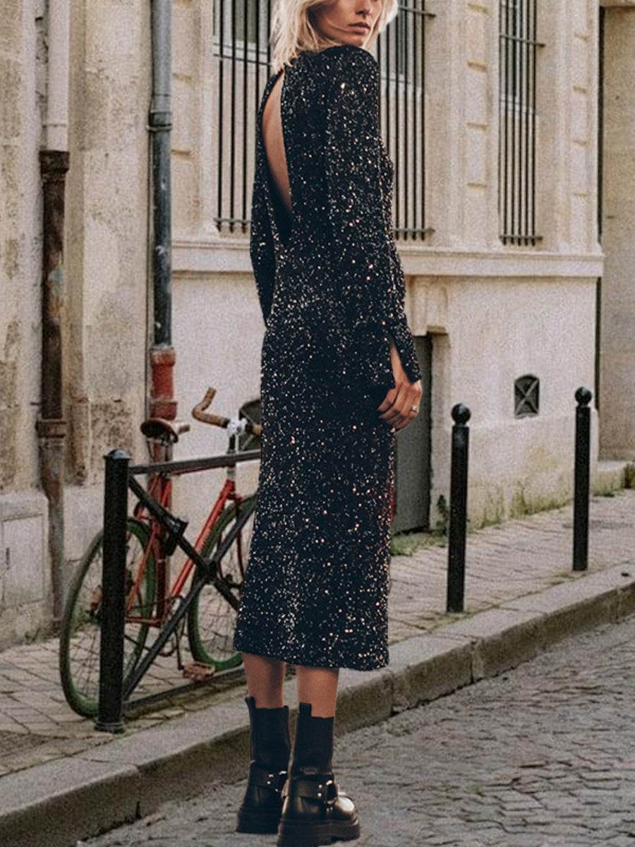 Sequins Long Sleeve Crew Neck Loose Maxi Dresses