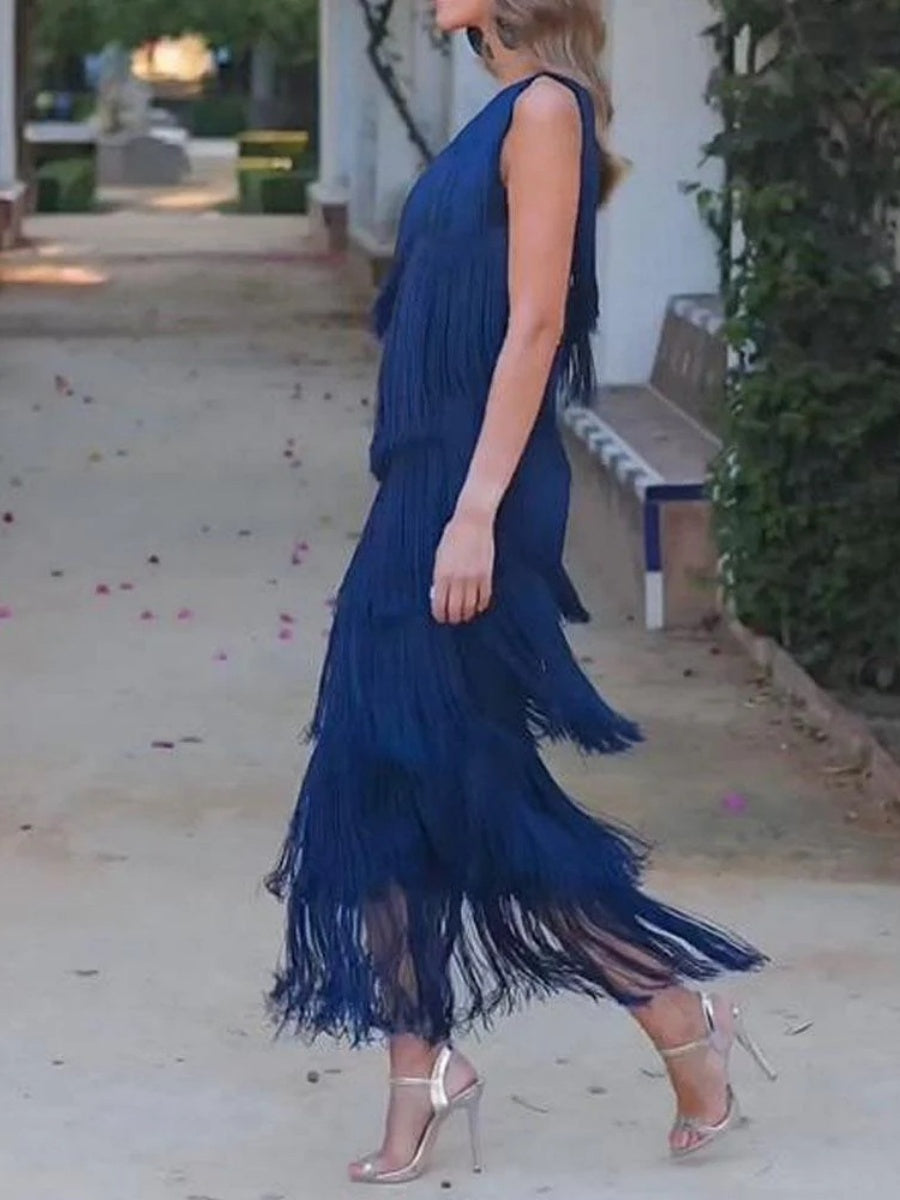 Tassel Sloping Shoulders Asymmetrical Maxi Dresses