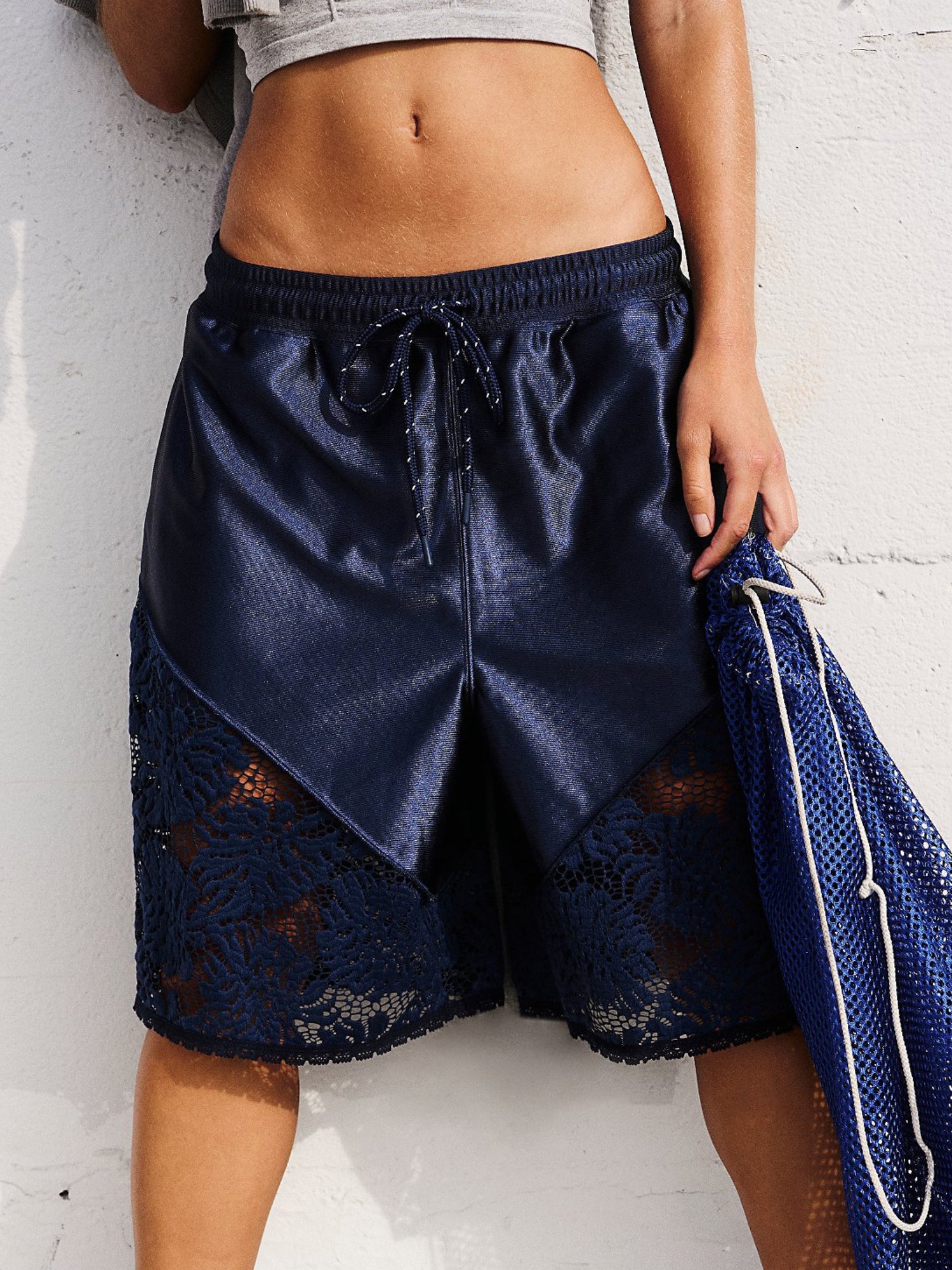 Lace Patchwork Lace Up Loose-fit Athletic Shorts
