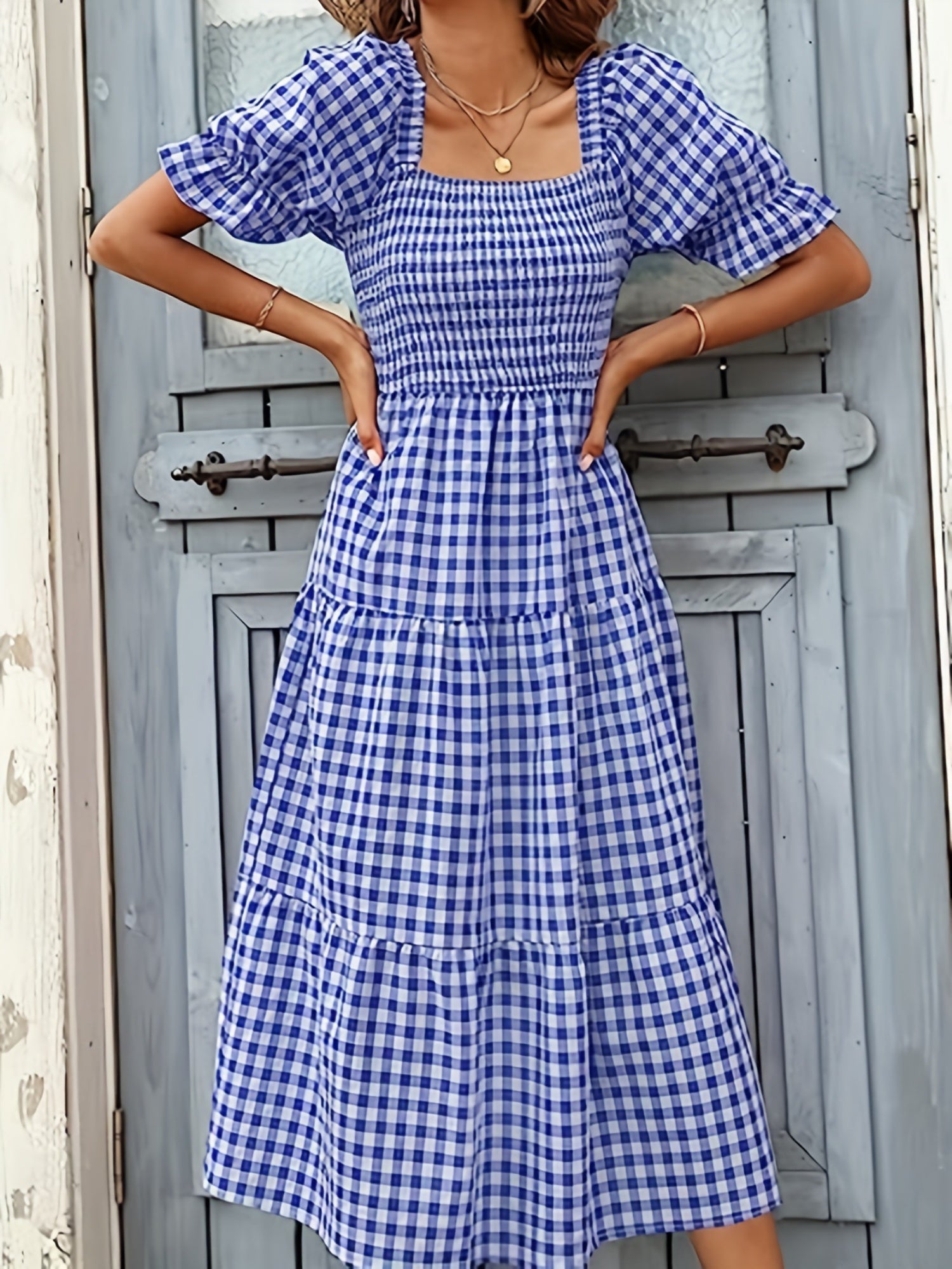 Plaid Puff Sleeve U-neck Mini&Short Dresses