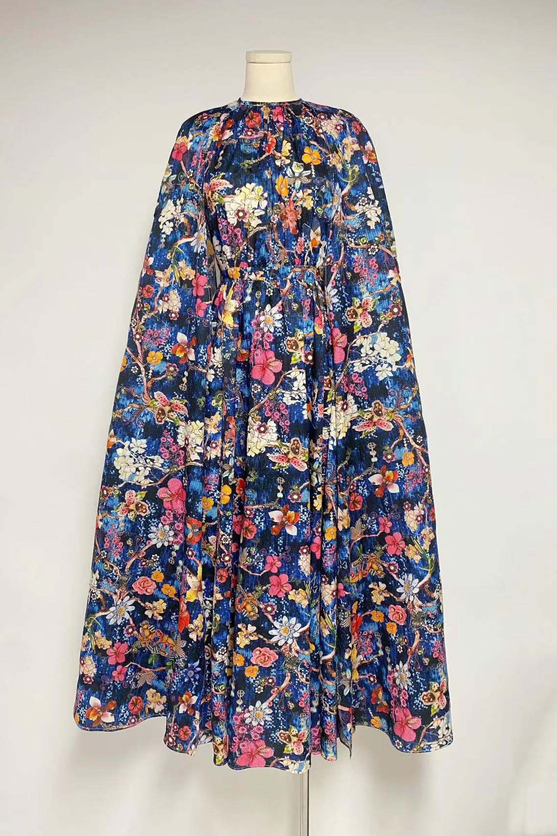 Botanical Floral Print Mock Neck Cape Sleeve Maxi Dress