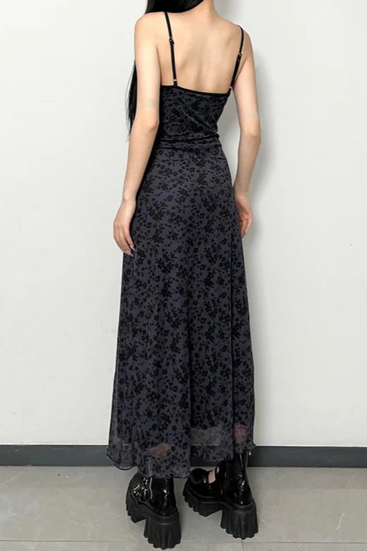 Lace Trim Mesh Floral Spaghetti Strap Midi Dress