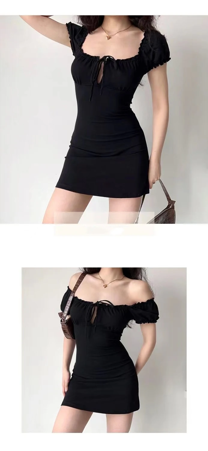 Summer Sexy Mini Dress Women Short Sleeved Lace up Hollow Casual Backless Folds Bodycon Black Dress Party Elegant A-LINE Dresses