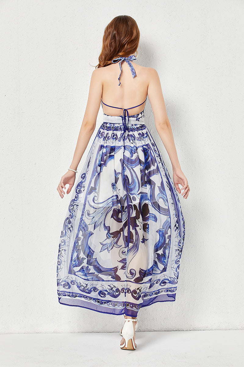 Halter Deep V-Neck Porcelain Tile Print Tie Waist Flowy Maxi Dress