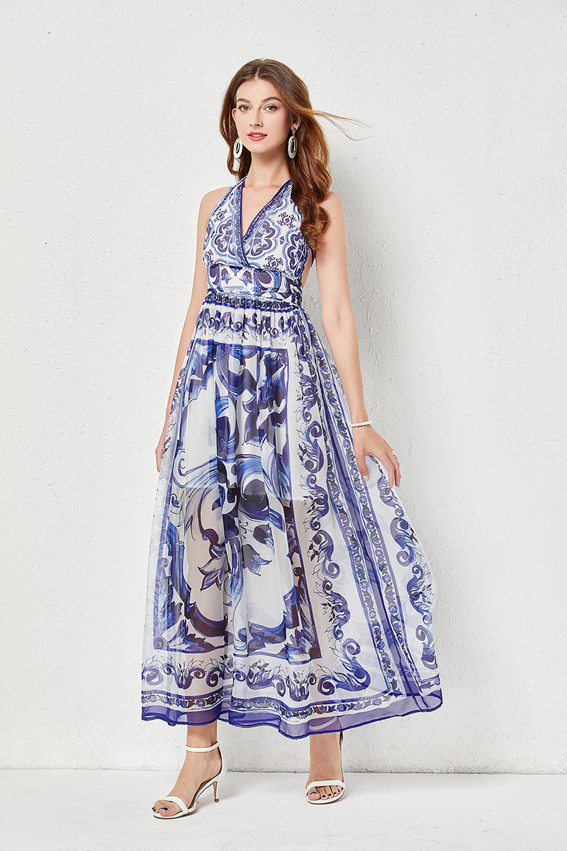Halter Deep V-Neck Porcelain Tile Print Tie Waist Flowy Maxi Dress