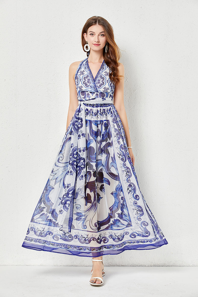 Halter Deep V-Neck Porcelain Tile Print Tie Waist Flowy Maxi Dress