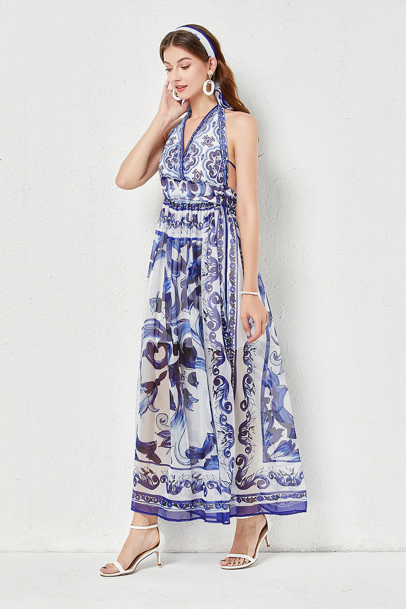 Halter Deep V-Neck Porcelain Tile Print Tie Waist Flowy Maxi Dress