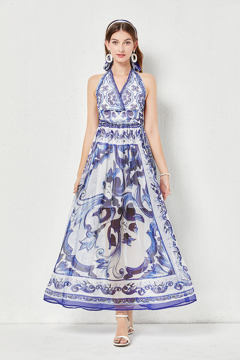 Halter Deep V-Neck Porcelain Tile Print Tie Waist Flowy Maxi Dress