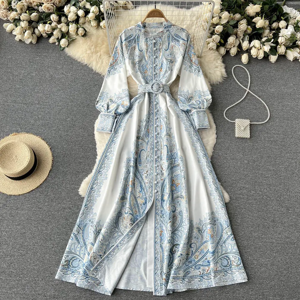 New Women Vintage Party Dress Fashion Long Sleeve Single Breasted Stand Collar Elegant Printed Long Dresses Spring Autumn Robe