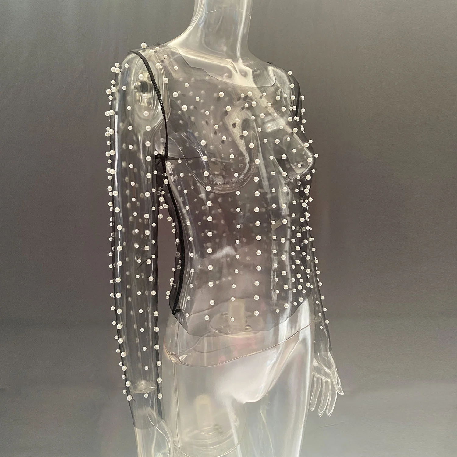 Ootddress Pearl Mesh See Through T-shirt Women Fashion Long Sleeve Pullover Blouse Ladies Summer U Neck Sexy Tee Shirt Tops