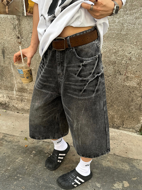 Vintage Washed Lightning Bolt Pattern Denim Shorts