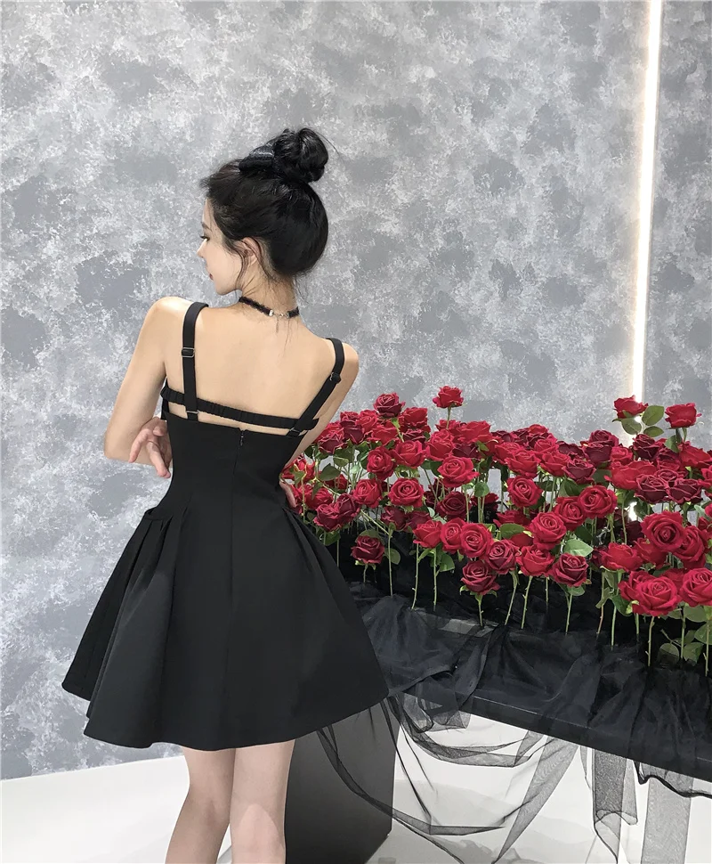 Y2K Black Short Dress Women Spaghetti Strap New Summer Sexy Evening Party Dresses with Pockets French Vintage Backless Clothing