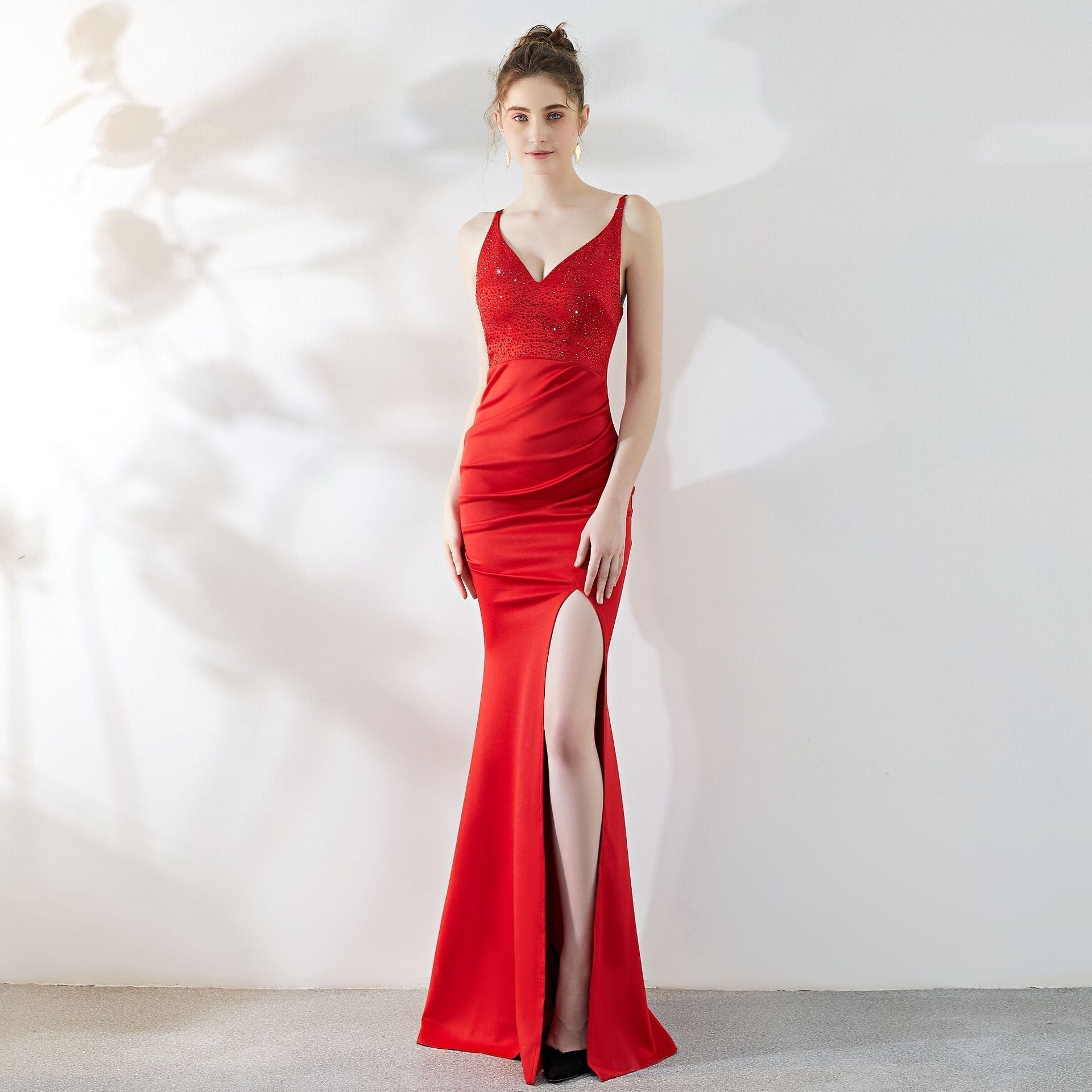 Sequin Deep V-Neck Ruched Waist Satin Mermaid High Slit Maxi Gown