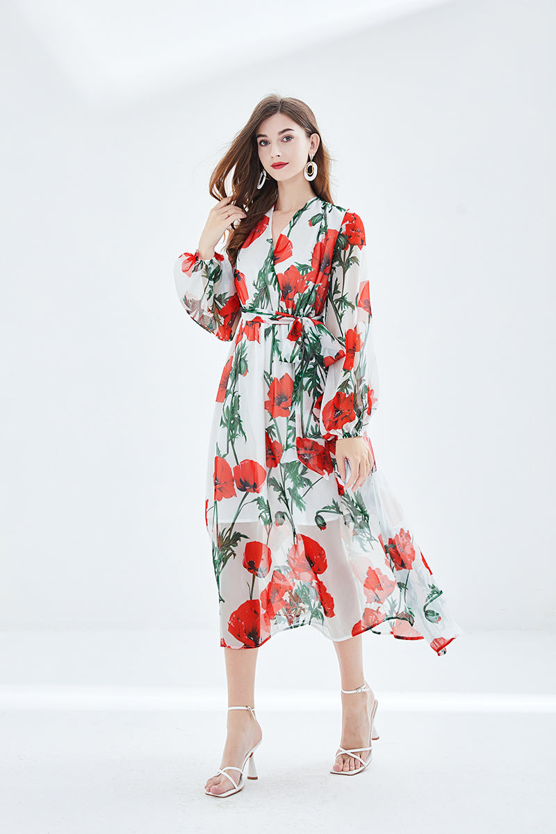 Floral Print Deep V-Neck Lantern Sleeve Belted Chiffon Maxi Dress