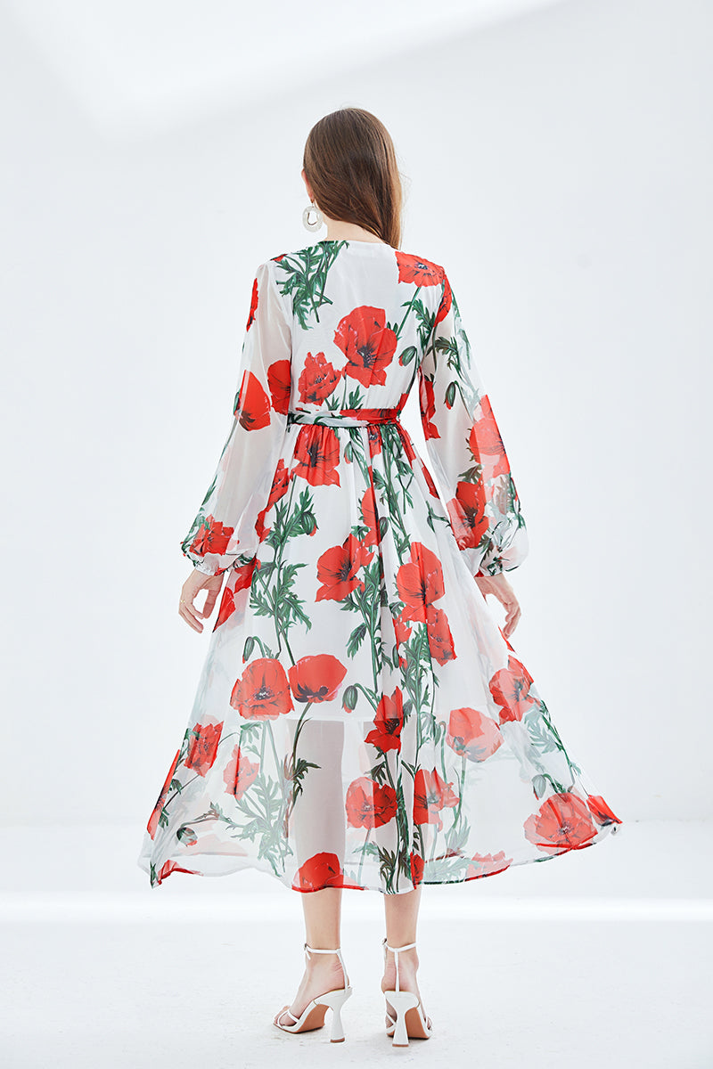 Floral Print Deep V-Neck Lantern Sleeve Belted Chiffon Maxi Dress