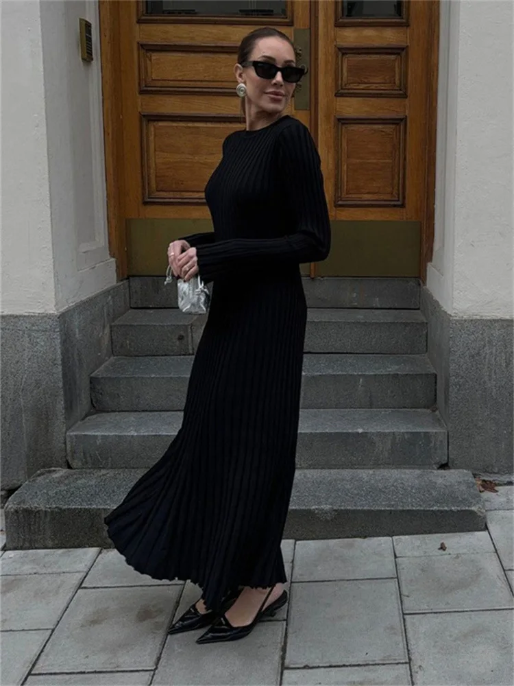 Ootddress Black Autumn Knitwear Maxi Dress Women's Ribbed Loose Patchwork Fashion High Waist Solid Dress Femal Bodycon Knit Dress