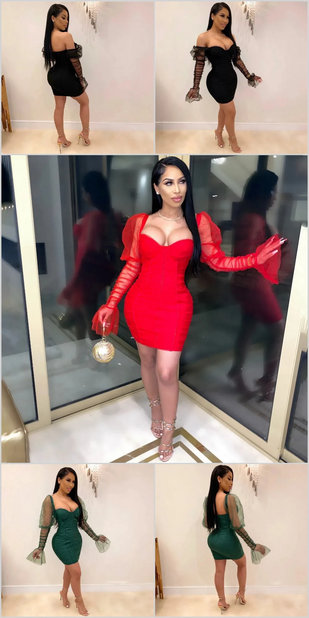 Ootddress Sexy Mesh Puff Sleeve Party Dress Women Low Collar Backless Patchwork Red Mini Dress Nightclub 2020 Spring Vestidos