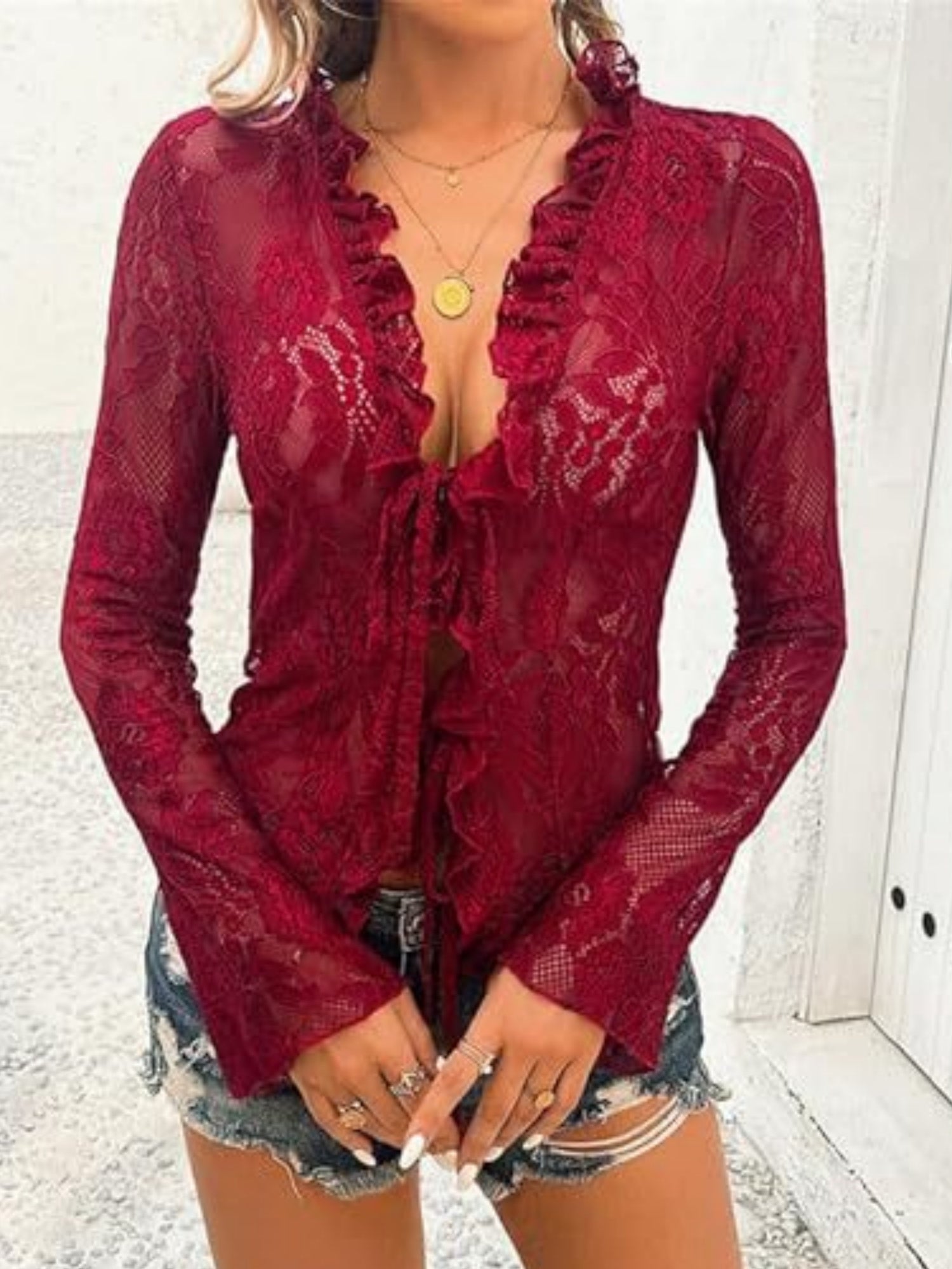 Lace See-through Ruffle Open Front With Tie Sweet T-shirts