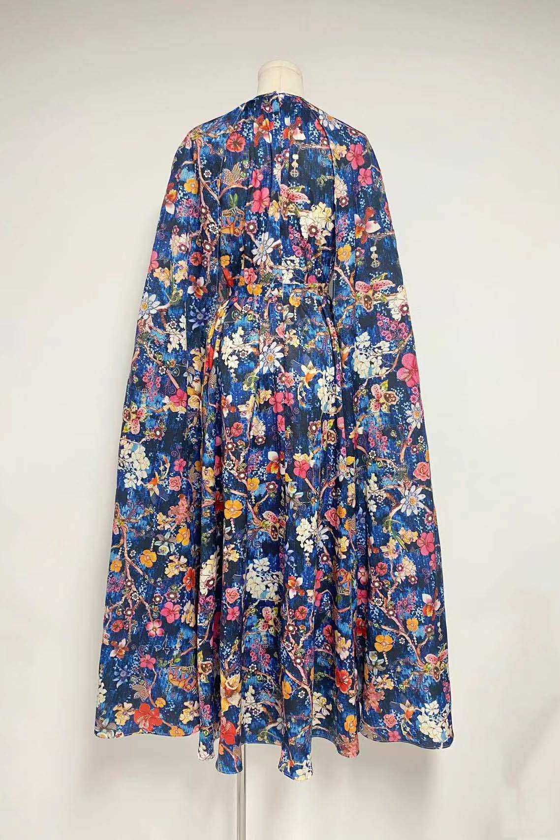 Botanical Floral Print Mock Neck Cape Sleeve Maxi Dress