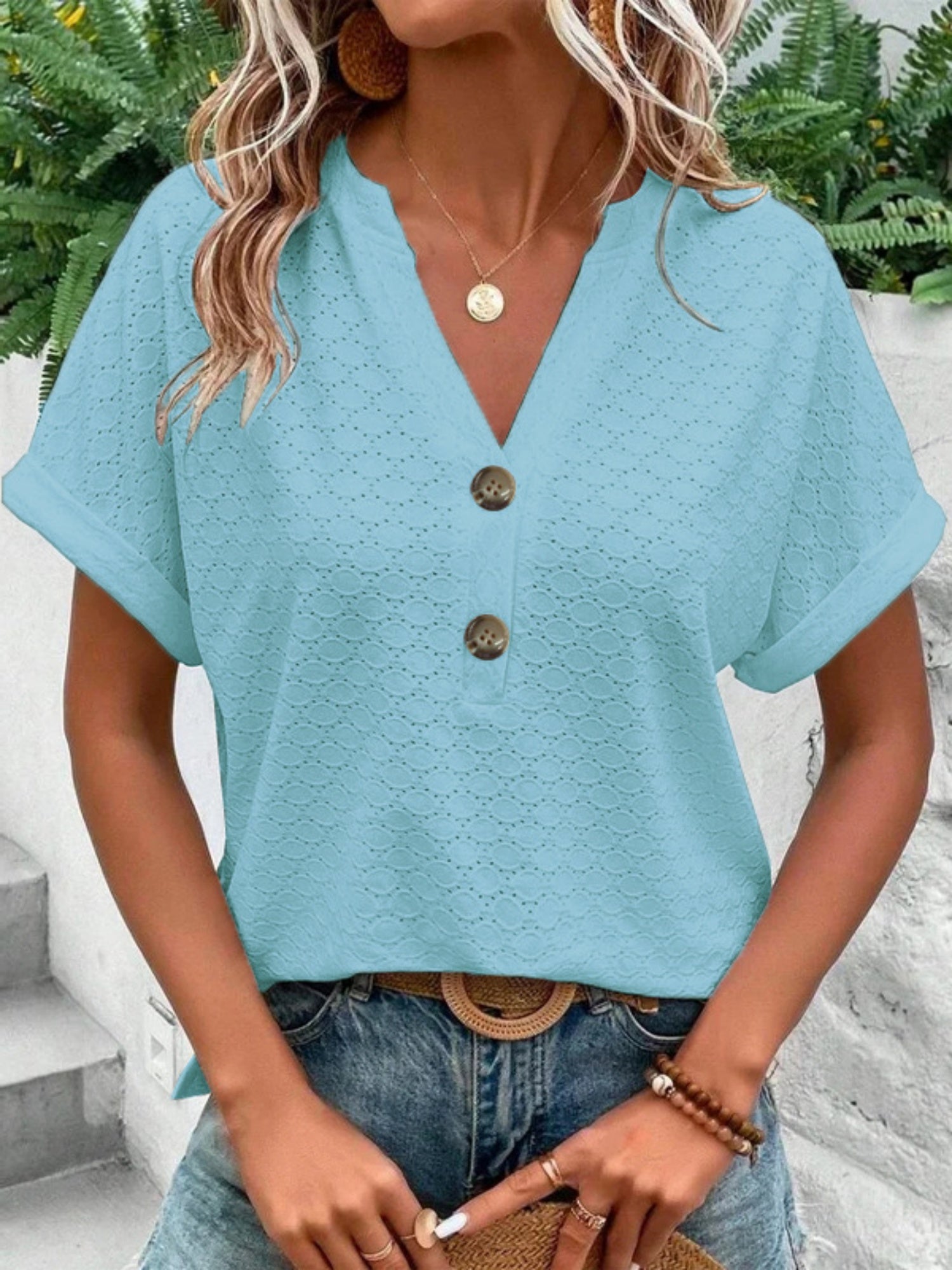 Knitting Buttons V-neck Short Sleeve T-shirts