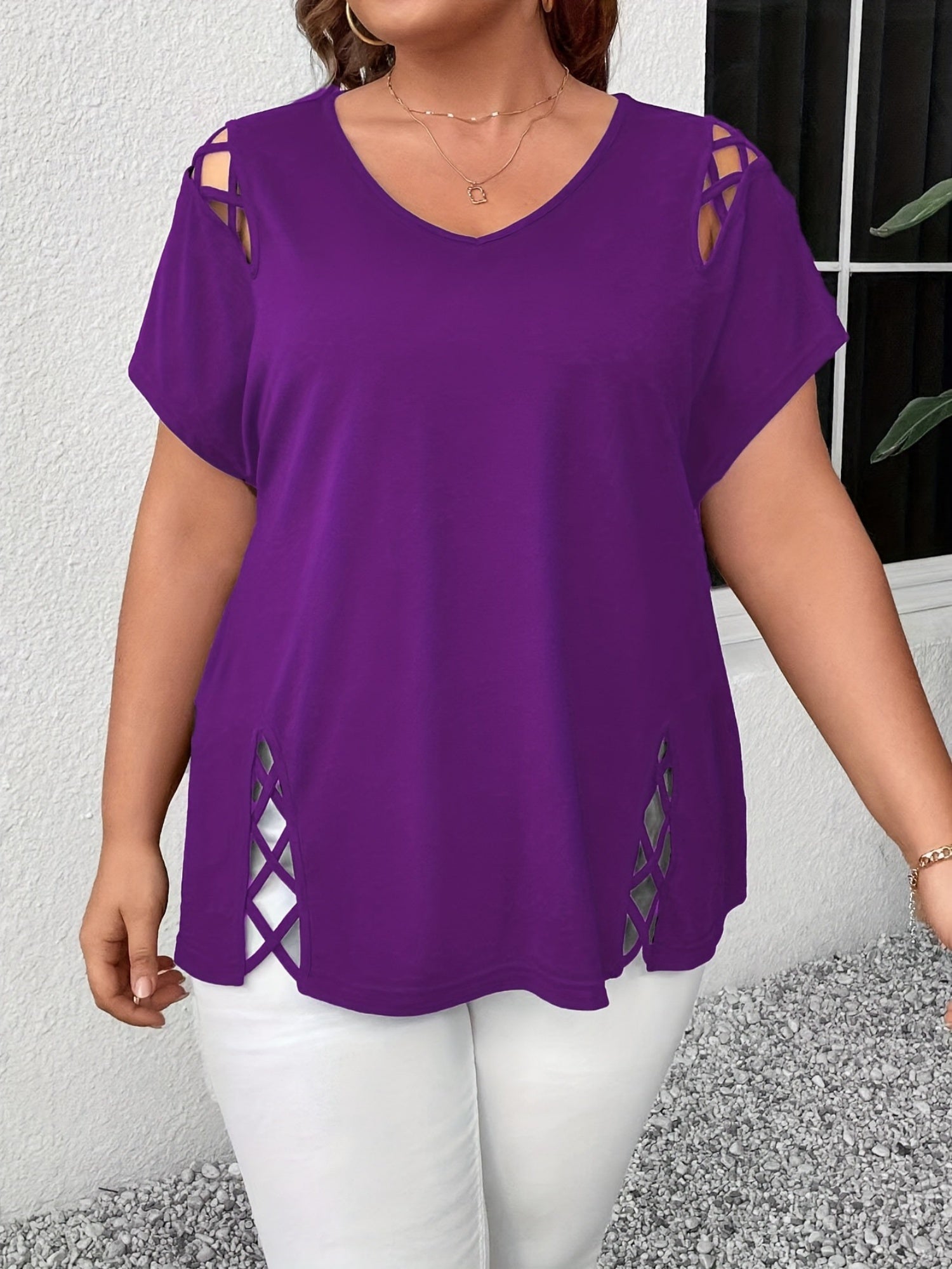 Hollow Out V-neck Cross Belt Short-sleeved T-shirt