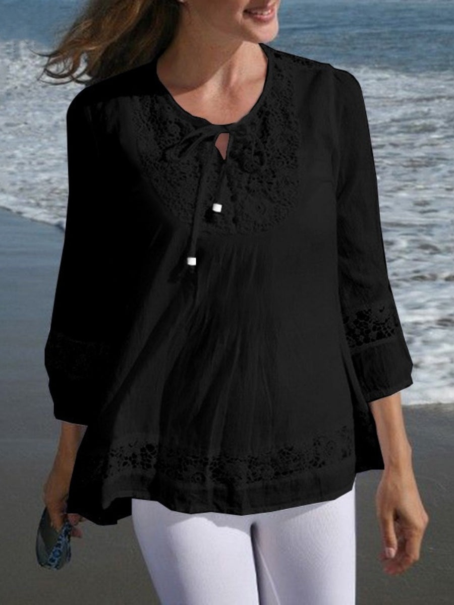 Tie-up Cotton And Linen Patchwork Lace Three-quarter Sleeve T-shirt