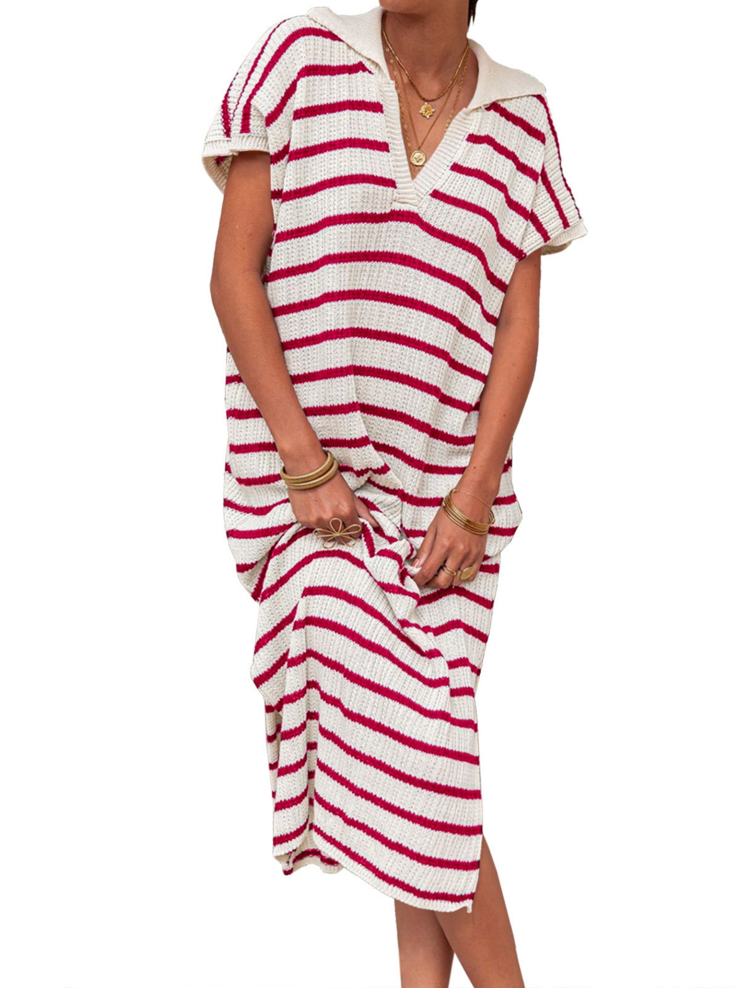 Stripes V-neck Short Sleeve Low-split Lapel Maxi Dresses