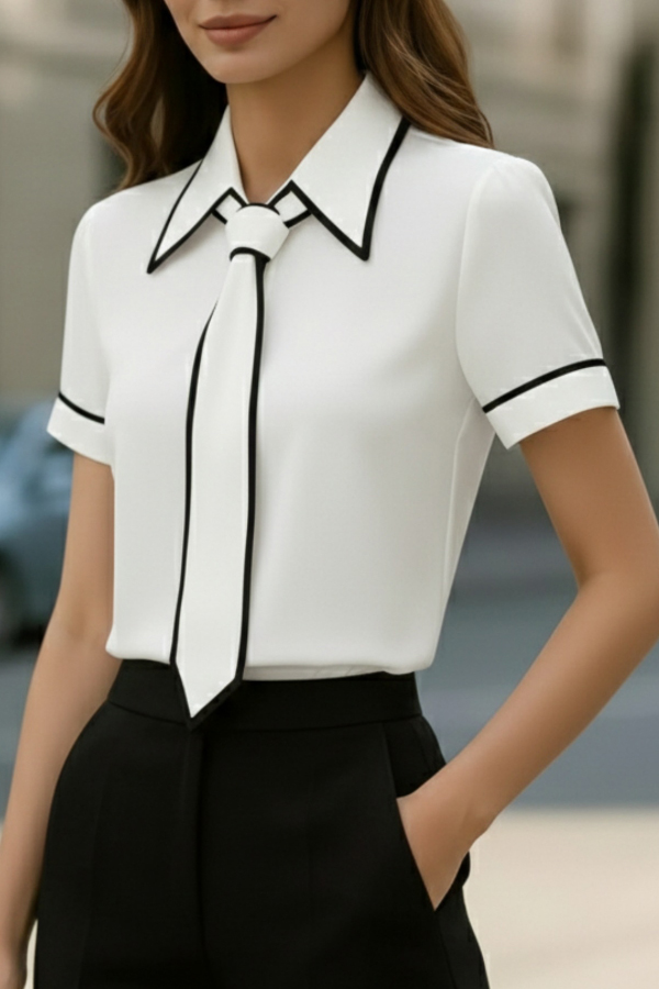 Stylish Color-blocked Trim Collared Short-sleeved Casual Shirt