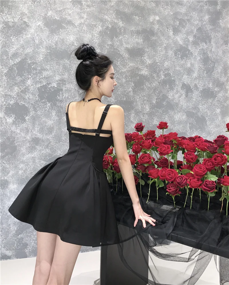 Y2K Black Short Dress Women Spaghetti Strap New Summer Sexy Evening Party Dresses with Pockets French Vintage Backless Clothing