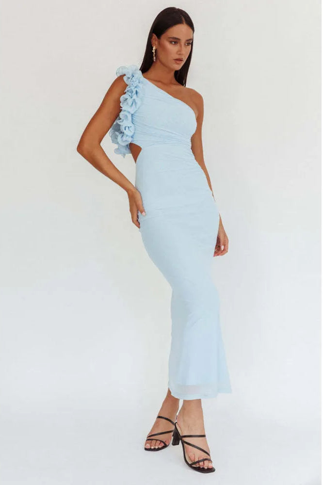 One Shoulder 3D Rosette Ruffle Side Cut Out Ruched Bodycon Midi Dress