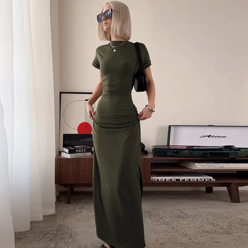Women's Elegant O Neck Maxi Dress Short Sleeve Slim High Waist Shirring Dress Sexy Side Slit Evening Club Bodycon Dress Lady 20 Women's Elegant O Neck Maxi Dress Short Sleeve Slim High Waist Shirring Dress Sexy Side Slit Evening Club Bodycon Dress Lady