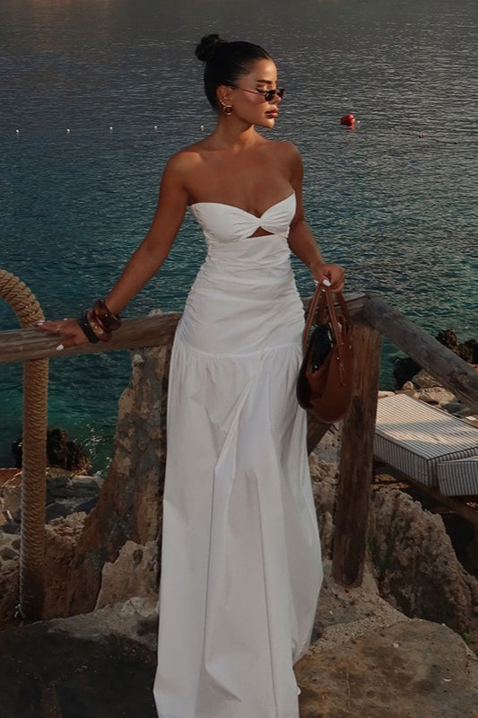 Strapless Sweetheart Neck Twist Cutout Ruched Drop Waist Maxi Dress