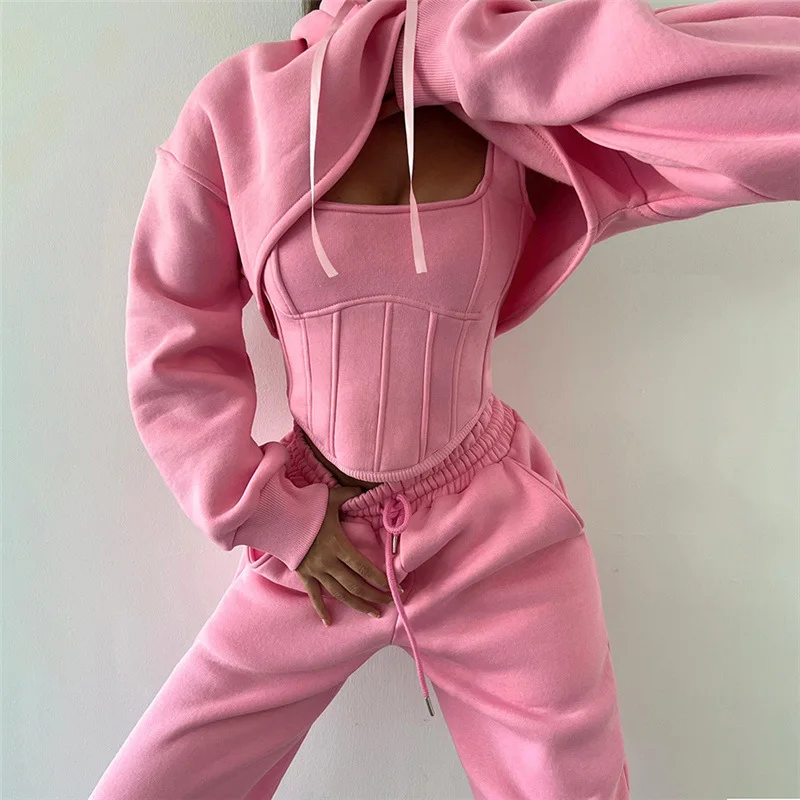Ootddress Lace Up Pants Sets Women Slim Solid Splice Tank Tops Woman Long Sleeve Short Hoodies And Pant Suits Women Outfits Winter