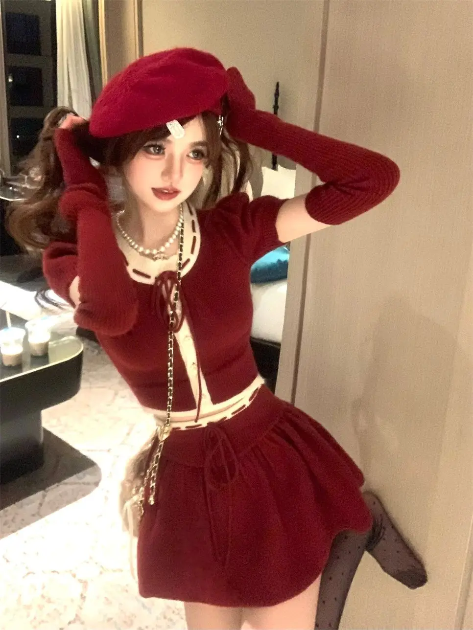 Y2K Two-Piece Knitwear Suit Women Single Breasted Long Sleeve Cropped Top High Waist Mini Skirt Korean Fashion Knitted Outfits