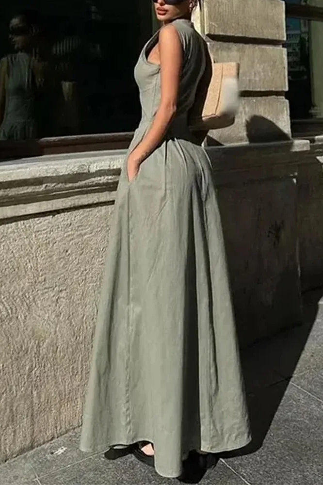 Zipper Front Corset Waist Linen Look Sleeveless Maxi Dress
