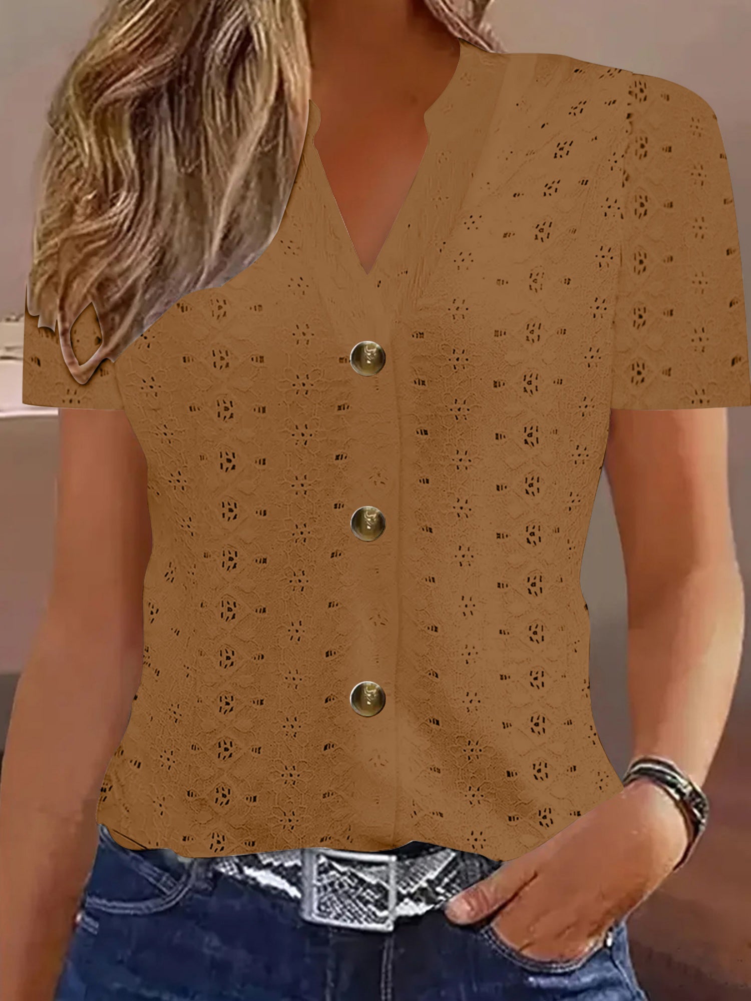 Knitting Buttons V-neck Short Sleeve T-shirts