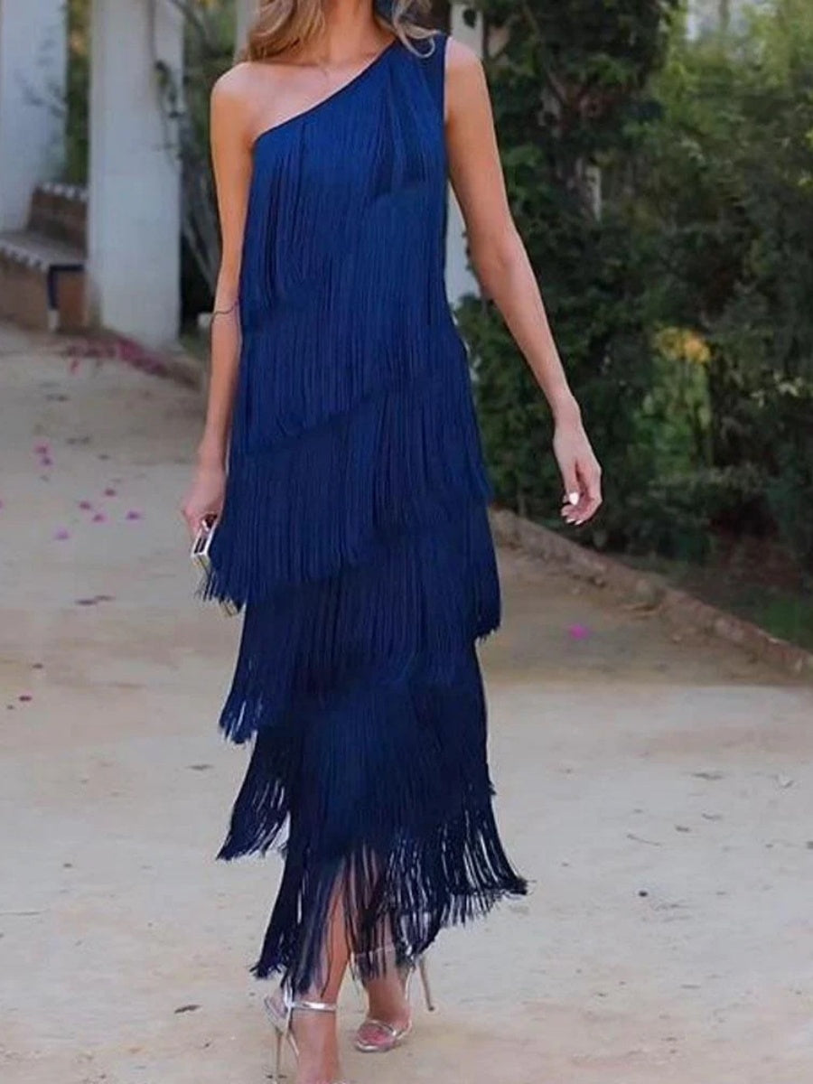 Tassel Sloping Shoulders Asymmetrical Maxi Dresses