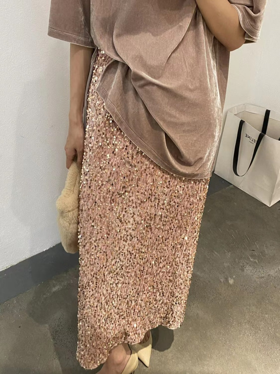 High-waisted, Slimming Sequined Midi Skirt With Elastic Waist, Back Slit, Straight Cut, Long Skirt