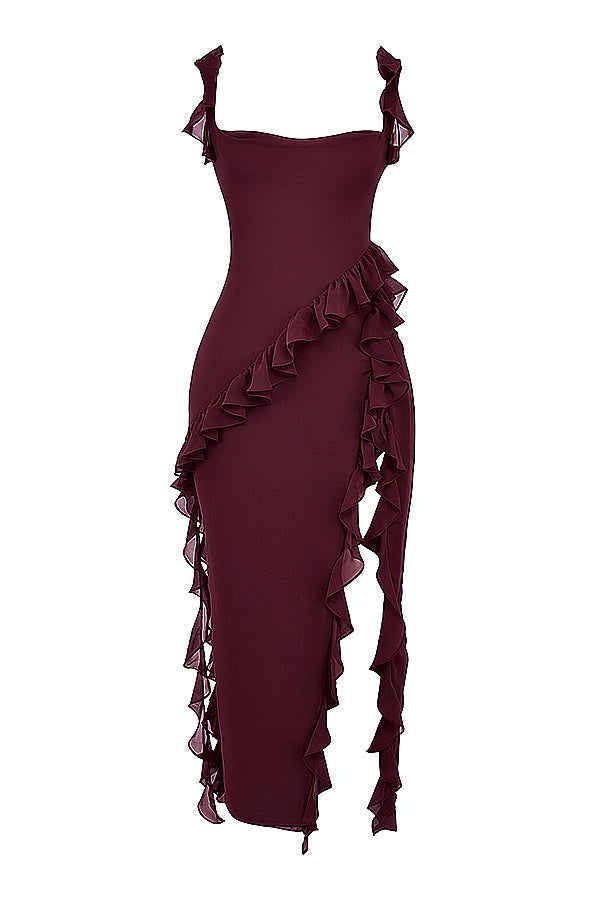 Square Neck Cap Sleeve Cascading Ruffle Trim High Slit Maxi Gown
