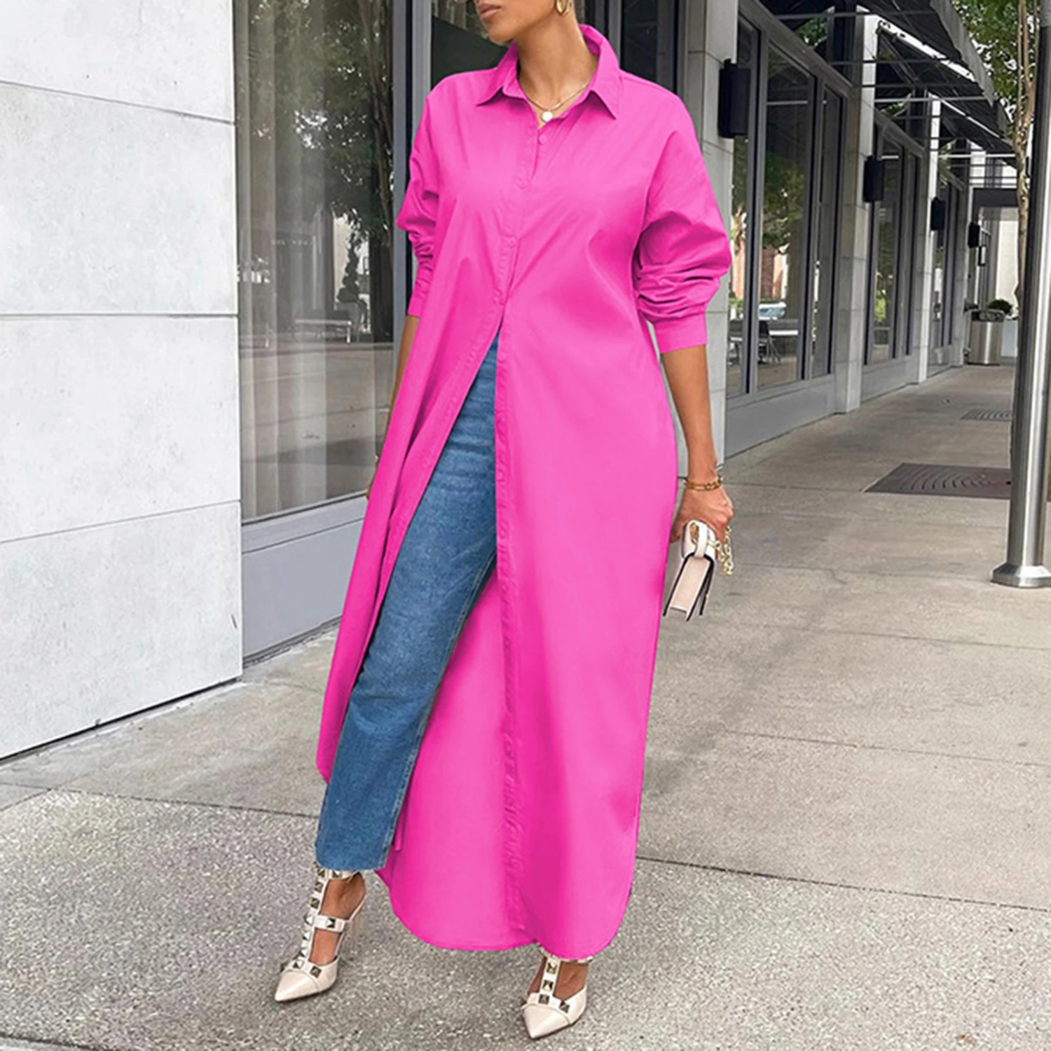 Oversized Collared Button-Front Side Slit Long Sleeve Maxi Shirt Dress