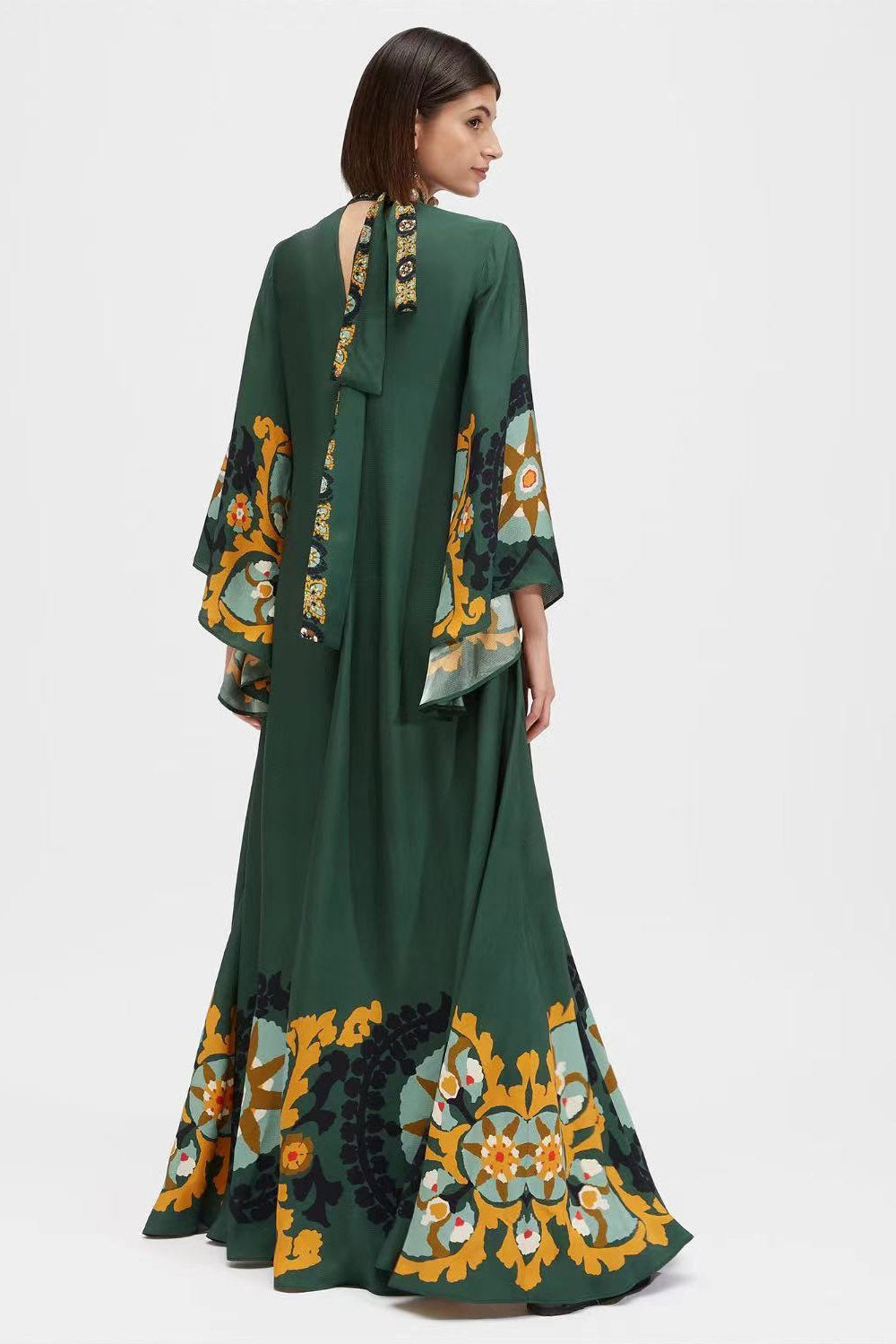 Medallion Print Mock Neck Embroidered Bell Sleeve Maxi Dress