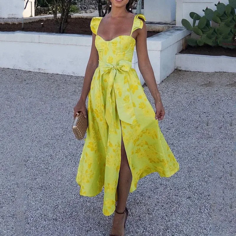 Flowers Print Sleeveless Long Dresses Women Sexy Low Cut Backless Bowknot Leace-up Slit Dress Temperament Lady Vestidos 2025 New