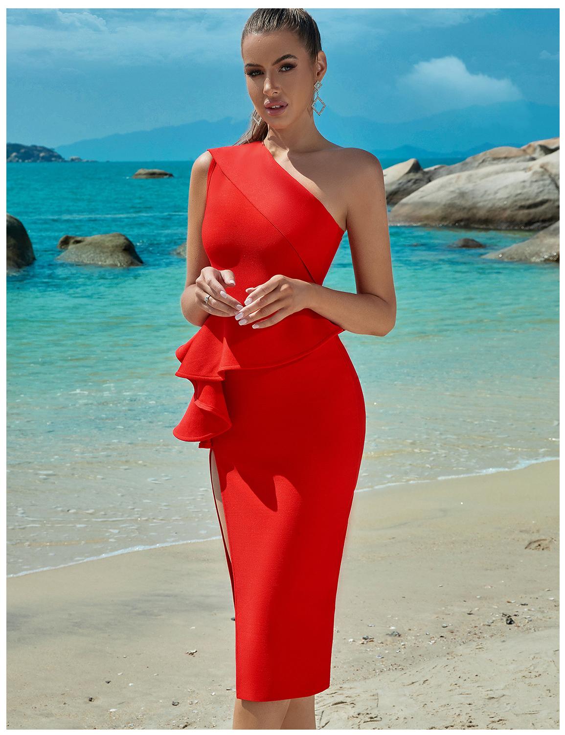 One-Shoulder Peplum Ruffle High Slit Bodycon Midi Dress