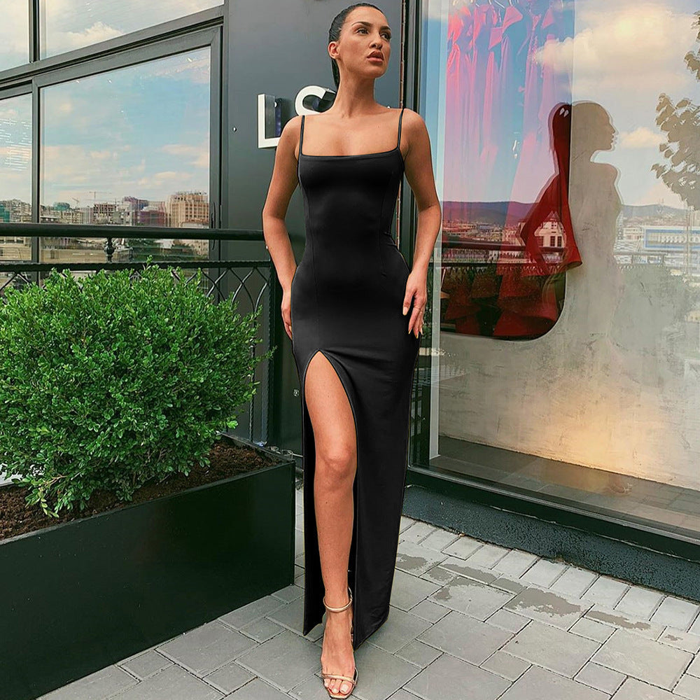 Square Neck Spaghetti Strap High Slit Bodycon Maxi Dress