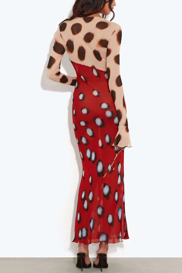 Sabine Animal and Butterfly Print Colorblock Long Sleeve Bias Cut Maxi Dress