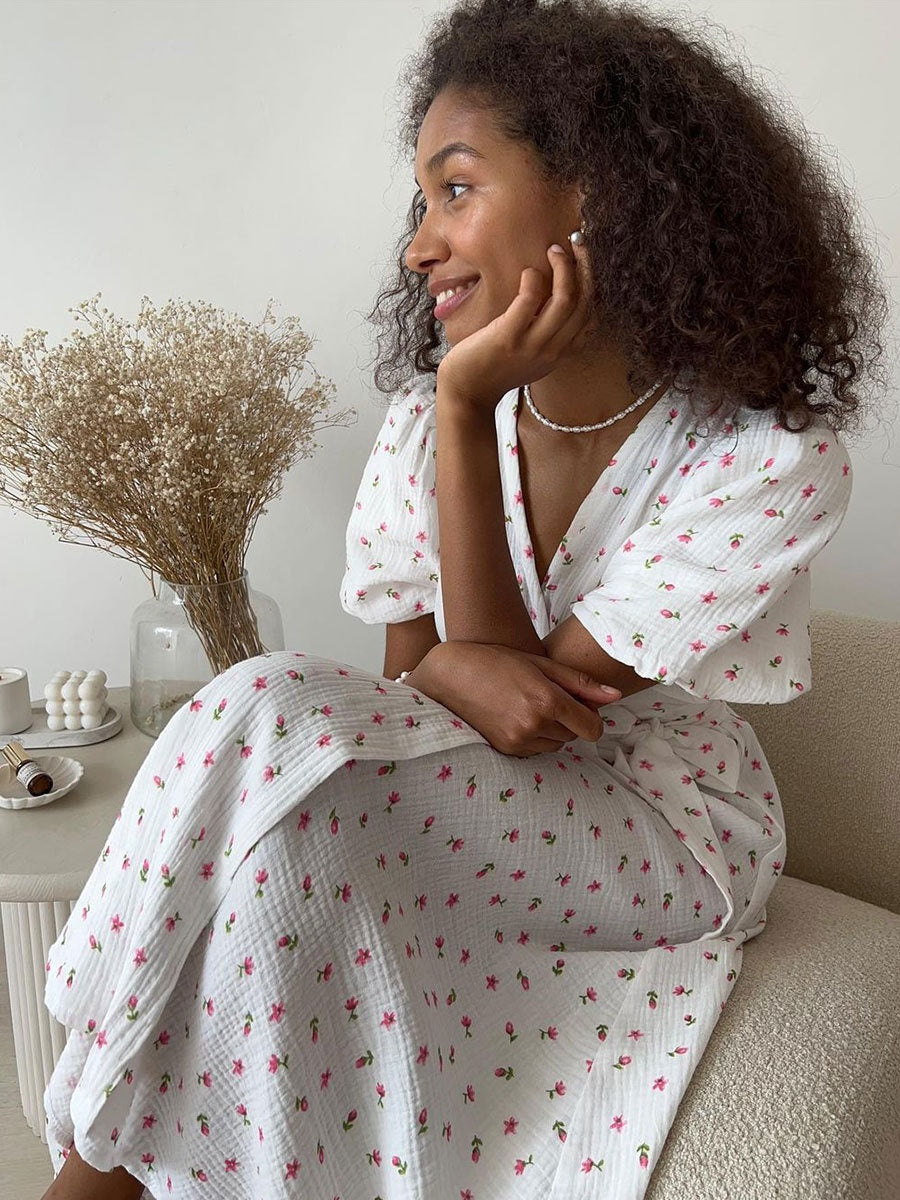 Pure Cotton Bandage Wrap-up Puff Sleeve Printed Comfort Maxi Dresses